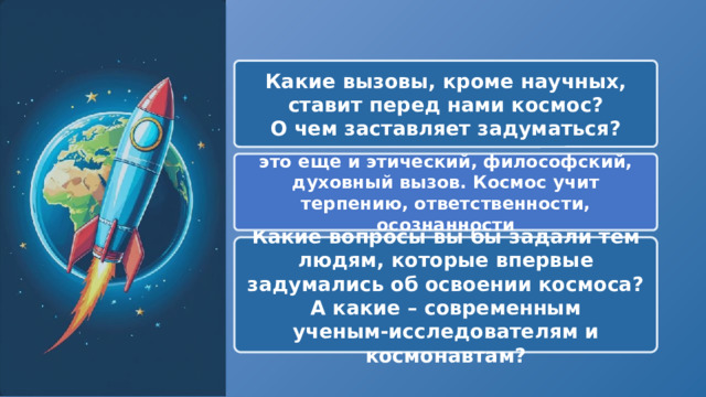  Какие вызовы, кроме научных, ставит перед нами космос? О чем заставляет задуматься? это еще и этический, философский, духовный вызов. Космос учит терпению, ответственности, осознанности Какие вопросы вы бы задали тем людям, которые впервые задумались об освоении космоса? А какие – современным ученым-исследователям и космонавтам? 