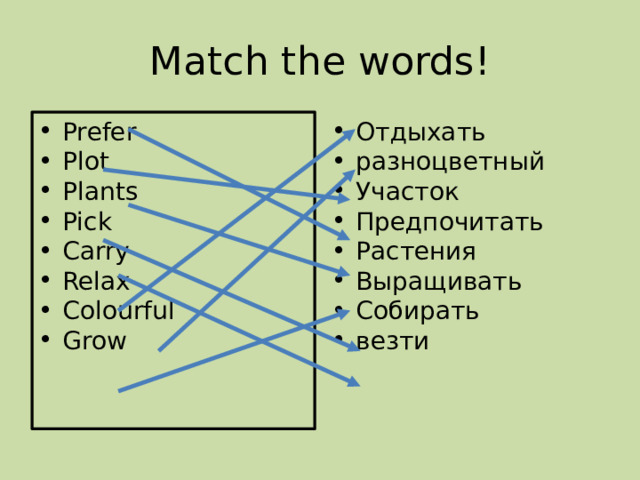 Match the words! Prefer Plot Plants Pick Carry Relax Colourful Grow Отдыхать разноцветный Участок Предпочитать Растения Выращивать Собирать везти 