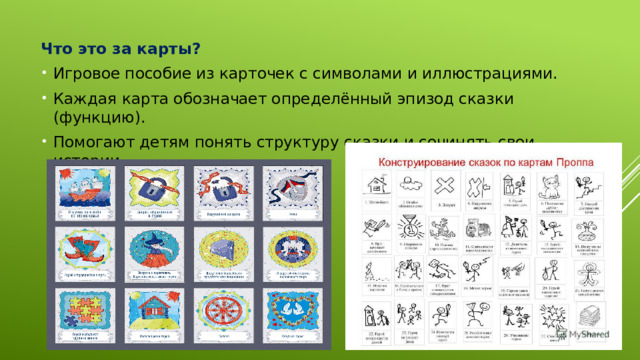 Что это за карты? Игровое пособие из карточек с символами и иллюстрациями. Каждая карта обозначает определённый эпизод сказки (функцию). Помогают детям понять структуру сказки и сочинять свои истории.  