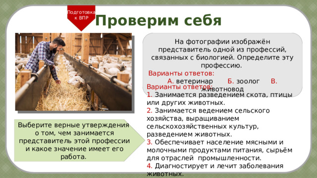 Подготовка к ВПР Проверим себя На фотографии изображён представитель одной из профессий, связанных с биологией. Определите эту профессию.  Варианты ответов: А. ветеринар  Б. зоолог   В. животновод Варианты ответов: 1. Занимается разведением скота, птицы или других животных. 2. Занимается ведением сельского хозяйства, выращиванием сельскохозяйственных культур, разведением животных. 3. Обеспечивает население мясными и молочными продуктами питания, сырьём для отраслей промышленности. 4. Диагностирует и лечит заболевания животных. Выберите верные утверждения о том, чем занимается представитель этой профессии и какое значение имеет его работа. 4 