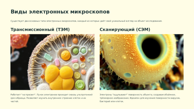  Виды электронных микроскопов Существует два основных типа электронных микроскопов, каждый из которых даёт свой уникальный взгляд на объект исследования. Трансмиссионный (ТЭМ) Сканирующий (СЭМ) Работает 