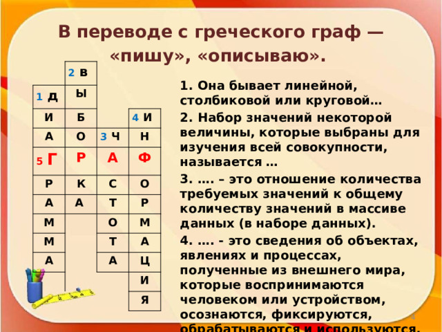 В переводе с греческого граф — «пишу», «описываю».   2  в 1  д   Ы И А Б 5  Г О   4  И 3  Ч Р Р Н А К  А Ф С М А О Т   М О А Р М Т     А А Ц   И Я 1. Она бывает линейной, столбиковой или круговой… 2. Набор значений некоторой величины, которые выбраны для изучения всей совокупности, называется … 3. …. – это отношение количества требуемых значений к общему количеству значений в массиве данных (в наборе данных). 4. …. - это сведения об объектах, явлениях и процессах, полученные из внешнего мира, которые воспринимаются человеком или устройством, осознаются, фиксируются, обрабатываются и используются.  
