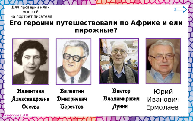 Для проверки клик мышкой  на портрет писателя Его героини путешествовали по Африке и ели пирожные? Юрий Иванович Ермолаев 