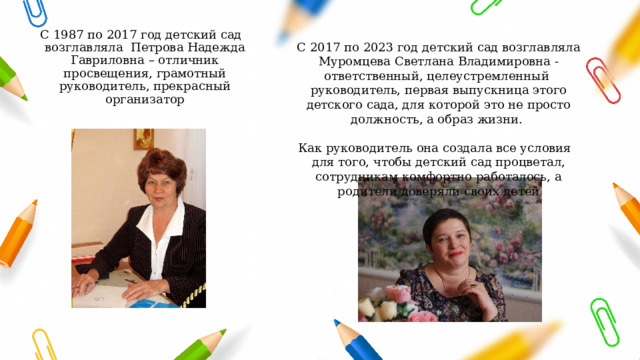 С 1987 по 2017 год детский сад возглавляла Петрова Надежда Гавриловна – отличник просвещения, грамотный руководитель, прекрасный организатор С 2017 по 2023 год детский сад возглавляла Муромцева Светлана Владимировна - ответственный, целеустремленный руководитель, первая выпускница этого детского сада, для которой это не просто должность, а образ жизни.   Как руководитель она создала все условия для того, чтобы детский сад процветал, сотрудникам комфортно работалось, а родители доверяли своих детей 