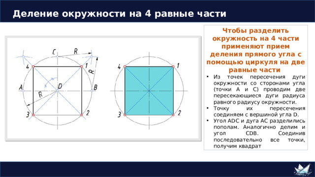 Деление окружности на 4 равные части Чтобы разделить окружность на 4 части применяют прием деления прямого угла с помощью циркуля на две равные части Из точек пересечения дуги окружности со сторонами угла (точки А и С) проводим две пересекающиеся дуги радиуса равного радиусу окружности. Точку их пересечения соединяем с вершиной угла D. Угол АDС и дуга АС разделились пополам. Аналогично делим и угол СDВ. Соединив последовательно все точки, получим квадрат 