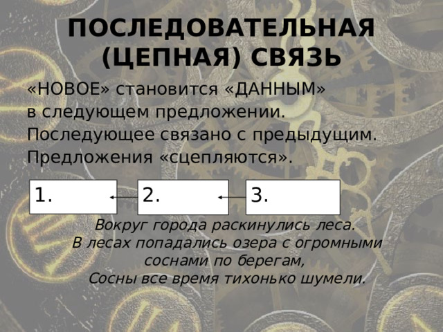 ПОСЛЕДОВАТЕЛЬНАЯ (ЦЕПНАЯ) СВЯЗЬ «НОВОЕ» становится «ДАННЫМ» в следующем предложении. Последующее связано с предыдущим. Предложения «сцепляются». 1. 2. 3. Вокруг города раскинулись леса. В лесах попадались озера с огромными соснами по берегам, Сосны все время тихонько шумели. 