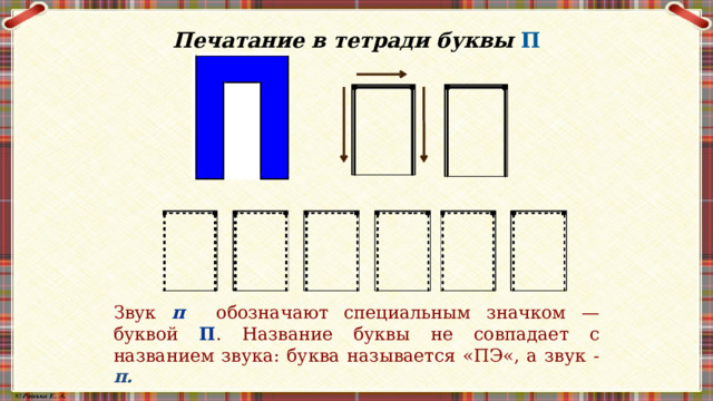 Печатание в тетради буквы П           Звук п  обозначают специальным значком — буквой П . Название буквы не совпадает с названием звука: буква называется «ПЭ«, а звук - п.  