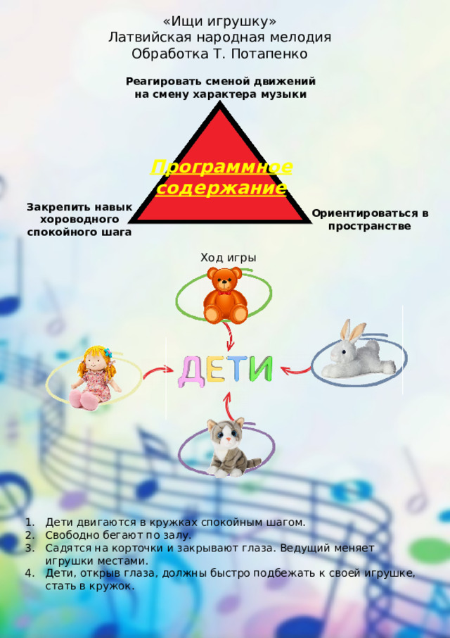 «Ищи игрушку» Латвийская народная мелодия Обработка Т. Потапенко Реагировать сменой движений на смену характера музыки Программное содержание Закрепить навык хороводного спокойного шага Ориентироваться в пространстве Ход игры Дети двигаются в кружках спокойным шагом. Свободно бегают по залу. Садятся на корточки и закрывают глаза. Ведущий меняет игрушки местами. Дети, открыв глаза, должны быстро подбежать к своей игрушке, стать в кружок. 
