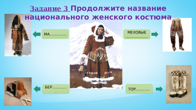 Задание 3 Продолжите название национального женского костюма  МА………….. МЕХОВЫЕ ……………… ТОР………… БЕР…………. 