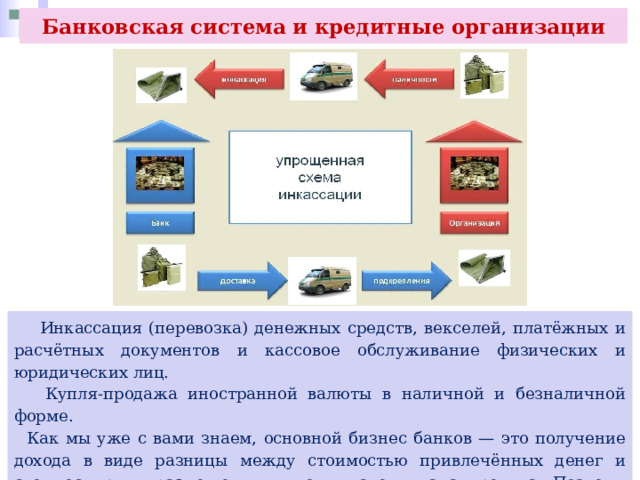 Банковская система и кредитные организации  Инкассация (перевозка) денежных средств, векселей, платёжных и расчётных документов и кассовое обслуживание физических и юридических лиц.  Купля-продажа иностранной валюты в наличной и безналичной форме.  Как мы уже с вами знаем, основной бизнес банков — это получение дохода в виде разницы между стоимостью привлечённых денег и стоимостью их размещения, в том числе выдача кредита. Поэтому кредит также является одной из главных услуг кредитной организации. 