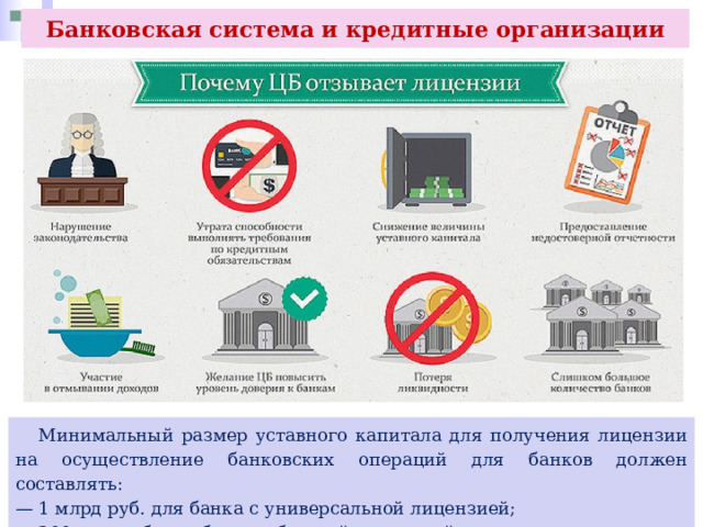 Банковская система и кредитные организации  Минимальный размер уставного капитала для получения лицензии на осуществление банковских операций для банков должен составлять: — 1 млрд руб. для банка с универсальной лицензией; — 300 млн руб. для банка с базовой лицензией. 