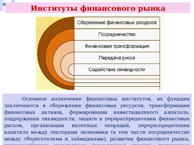 Институты финансового рынка  Основное назначение финансовых институтов, их функции заключаются в сбережении финансовых ресурсов, трансформации финансовых активов, формировании инвестиционного капитала, поддержании ликвидности, защите и перераспределении финансовых рисков, организации валютных операций, перераспределении капитала между секторами экономики (в том числе посредничество между сберегателями и заёмщиками), развитии финансового рынка, противодействии легализации (отмыванию) доходов, полученных преступным путём, и финансированию терроризма. 