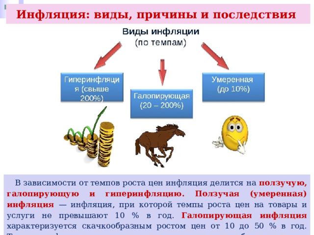 Инфляция: виды, причины и последствия  В зависимости от темпов роста цен инфляция делится на ползучую, галопирующую и гиперинфляцию. Ползучая (умеренная) инфляция — инфляция, при которой темпы роста цен на товары и услуги не превышают 10 % в год. Галопирующая инфляция характеризуется скачкообразным ростом цен от 10 до 50 % в год. Такая инфляция опасна для экономики, требует срочных антиинфляционных мер. 