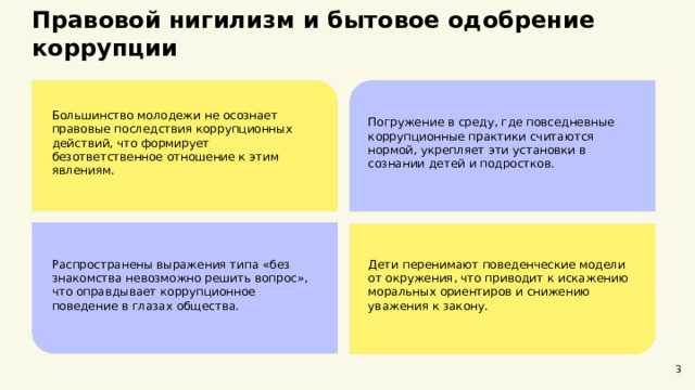 Правовой нигилизм и бытовое одобрение коррупции  Большинство молодежи не осознает правовые последствия коррупционных действий, что формирует безответственное отношение к этим явлениям. Погружение в среду, где повседневные коррупционные практики считаются нормой, укрепляет эти установки в сознании детей и подростков. Распространены выражения типа «без знакомства невозможно решить вопрос», что оправдывает коррупционное поведение в глазах общества. Дети перенимают поведенческие модели от окружения, что приводит к искажению моральных ориентиров и снижению уважения к закону. 3  