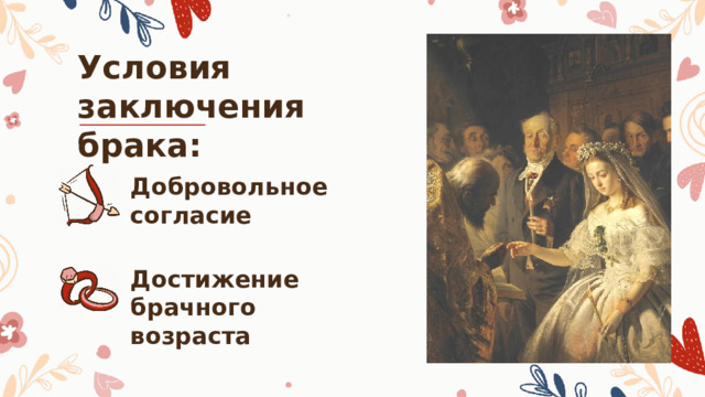 Условия заключения брака: Добровольное согласие Достижение брачного возраста 