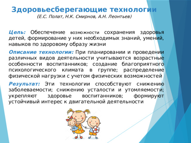 Здоровьесберегающие технологии  ( Е.С. Полат, Н.К. Смирнов, А.Н. Леонтьев) Цель:  Обеспечение возможности сохранения здоровья детей, формирование у них необходимых знаний, умений, навыков по здоровому образу жизни Описание технологии:  При планировании и проведении различных видов деятельности учитываются возрастные особенности воспитанников; создание благоприятного психологического климата в группе; распределение физической нагрузки с учетом физических возможностей Результат: Эти технологии способствуют снижению заболеваемости; снижению усталости и утомляемости; укрепляют здоровье воспитанников; формируют устойчивый интерес к двигательной деятельности 