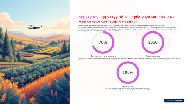  Корутунду: туруктуу айыл чарба үчүн минералдык жер семирткичтердин мааниси Минералдык жер семирткичтер азык-түлүк коопсуздугун камсыз кылууда жана дүйнө калкынын өсүп жаткан муктаждыктарын канааттандырууда алмаштыргыс ролду ойнойт. Бирок, алардын туруктуу жана рационалдуу колдонулушу айлана-чөйрөнү коргоо жана келечек муундар үчүн ресурстарды сактоо үчүн өтө маанилүү. Билим берүү жана инновациялар бизди туруктуу айыл чарба практикасына алып барат. 70% 2050 Түшүмдүүлүк жогорулады Дүйнөлүк калк Туура жер семирткичтердин аркасында түшүмдүүлүк жогорулайт. Болжолдонгон калктын өсүшү азык-түлүк өндүрүшүн талап кылат. 100% Туруктуулук Айлана-чөйрөнү коргоо менен өндүрүштү айкалыштыруу. 