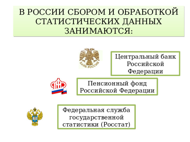 В РОССИИ СБОРОМ И ОБРАБОТКОЙ СТАТИСТИЧЕСКИХ ДАННЫХ ЗАНИМАЮТСЯ: Центральный банк Российской Федерации Пенсионный фонд Российской Федерации Федеральная служба государственной статистики (Росстат) 