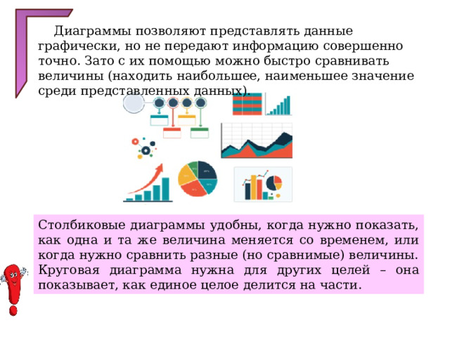  Диаграммы позволяют представлять данные графически, но не передают информацию совершенно точно. Зато с их помощью можно быстро сравнивать величины (находить наибольшее, наименьшее значение среди представленных данных). Столбиковые диаграммы удобны, когда нужно показать, как одна и та же величина меняется со временем, или когда нужно сравнить разные (но сравнимые) величины. Круговая диаграмма нужна для других целей – она показывает, как единое целое делится на части. 