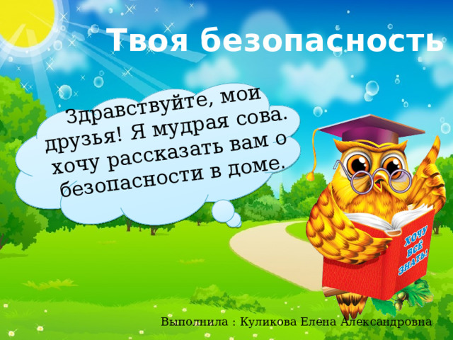Твоя безопасность Здравствуйте, мои друзья! Я мудрая сова. хочу рассказать вам о безопасности в доме . Выполнила : Куликова Елена Александровна 
