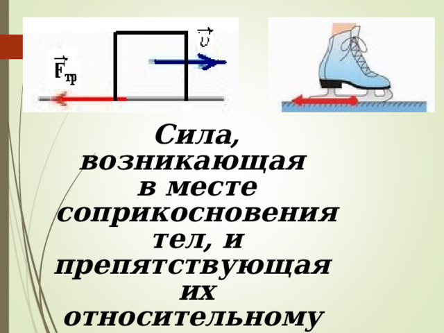 Сила, возникающая в месте соприкосновения тел, и препятствующая их относительному движению, называется силой трения. 