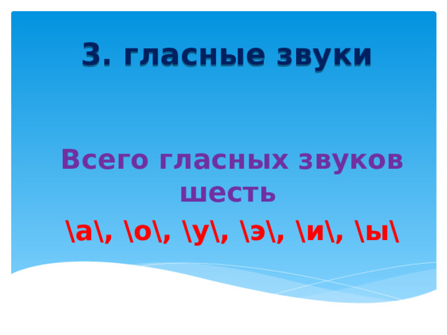 3. гласные звуки Всего гласных звуков шесть \а\, \о\, \у\, \э\, \и\, \ы\ 