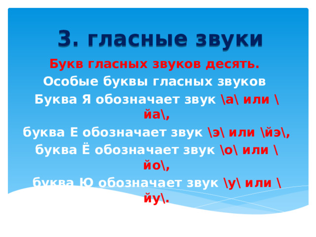 3. гласные звуки Букв гласных звуков десять. Особые буквы гласных звуков  Буква Я обозначает звук \а\ или \йа\, буква Е обозначает звук \э\ или \йэ\, буква Ё обозначает звук \о\ или \йо\, буква Ю обозначает звук \у\ или \йу\. 