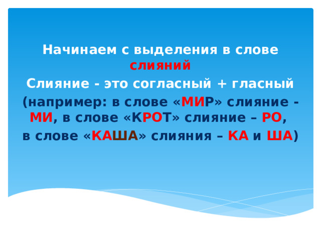 Начинаем с выделения в слове слияний Слияние - это согласный + гласный (например: в слове « МИ Р» слияние - МИ , в слове «К РО Т» слияние – РО , в слове « КА ША » слияния – КА и ША ) 