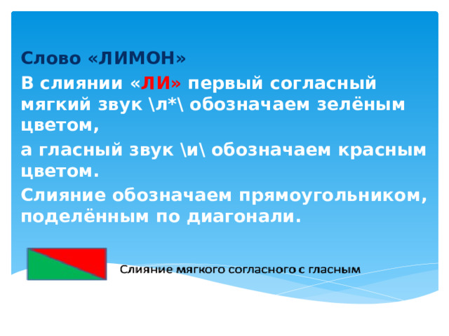 Слово «ЛИМОН» В слиянии « ЛИ» первый согласный мягкий звук \л*\ обозначаем зелёным цветом, а гласный звук \и\ обозначаем красным цветом. Слияние обозначаем прямоугольником, поделённым по диагонали.  