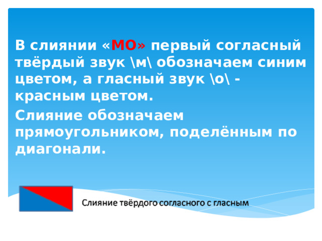 В слиянии « МО» первый согласный твёрдый звук \м\ обозначаем синим цветом, а гласный звук \о\ - красным цветом. Слияние обозначаем прямоугольником, поделённым по диагонали.  