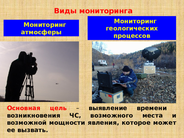 Виды мониторинга  Мониторинг геологических процессов Мониторинг атмосферы Основная цель – выявление времени возникновения ЧС, возможного места и возможной мощности явления, которое может ее вызвать. 