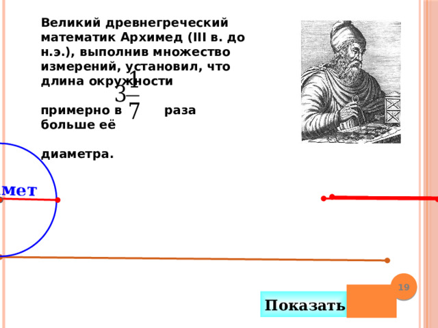  Диаметр Великий древнегреческий математик Архимед (III в. до н.э.), выполнив множество измерений, установил, что длина окружности  примерно в раза больше её  диаметра.   Можно сделать клик на кнопку «Показать» несколько раз. 17 Показать 19 