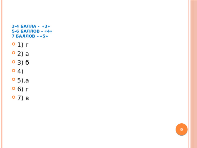 3-4 балла - «3»  5-6 баллов – «4»  7 баллов – «5»    1) г 2) а 3) б 4) 5).а 6) г 7) в  