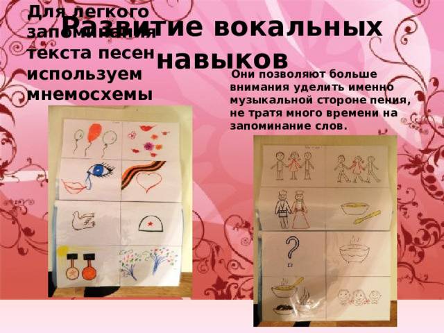 Развитие вокальных навыков . Они позволяют больше внимания уделить именно музыкальной стороне пения, не тратя много времени на запоминание слов. Для легкого запоминания текста песен используем мнемосхемы 