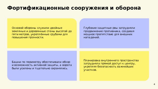 Фортификационные сооружения и оборона  Основой обороны служили двойные земляные и деревянные стены высотой до пяти метров, укреплённые срубами для повышения прочности. Глубокие защитные рвы затрудняли продвижение противника, создавая мощное препятствие для внешних нападений. Башни по периметру обеспечивали обзор и возможность активной защиты, а ворота были усилены и тщательно охранялись. Планировка внутреннего пространства затрудняла прямой доступ к центру, укрепляя безопасность важнейших участков. 4  