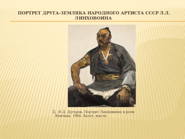 Портрет друга-земляка народного артиста СССР Л.Л. Линховоина   Д. -Н.Д. Дугаров. Портрет Линховоина в роли Кончака. 1966. Холст, масло. 