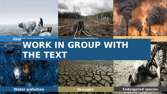 Global warming Deforestation Exhaust gases WORK IN GROUP WITH THE TEXT Water pollution Drought Endangered species 