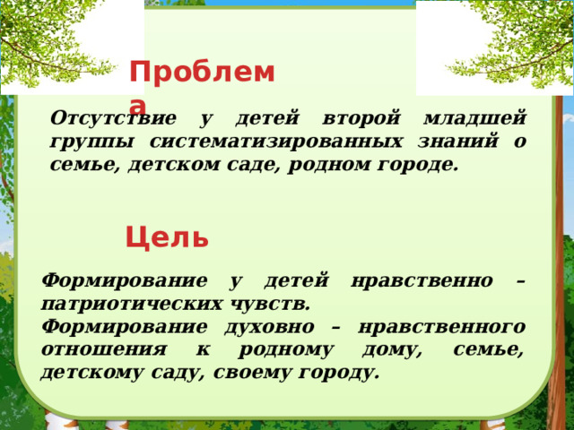 Проблема Отсутствие у детей второй младшей группы систематизированных знаний о семье, детском саде, родном городе. Цель Формирование у детей нравственно – патриотических чувств. Формирование духовно – нравственного отношения к родному дому, семье, детскому саду, своему городу. 