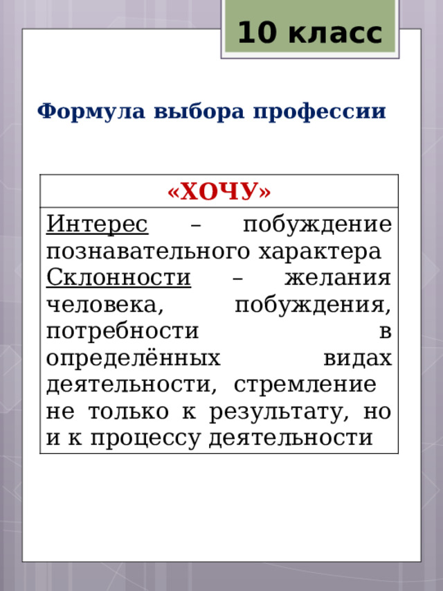 10 класс Формула выбора профессии «ХОЧУ» Интерес – побуждение познавательного характера Склонности – желания человека, побуждения, потребности в определённых видах деятельности, стремление не только к результату, но и к процессу деятельности 