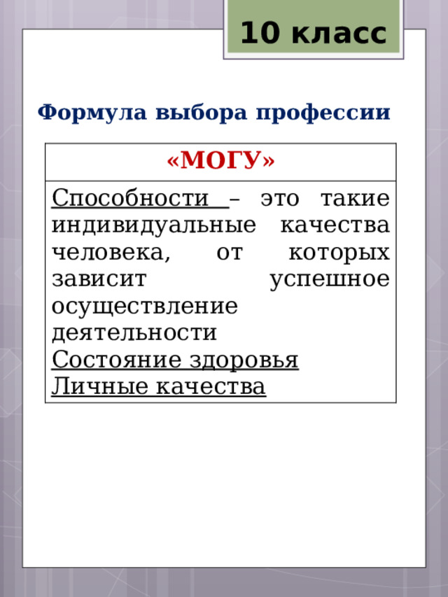10 класс Формула выбора профессии «МОГУ» Способности – это такие индивидуальные качества человека, от которых зависит успешное осуществление деятельности Состояние здоровья Личные качества 