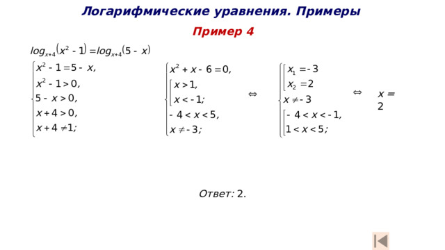 Логарифмические уравнения. Примеры Пример 4   x = 2 Ответ: 2. 
