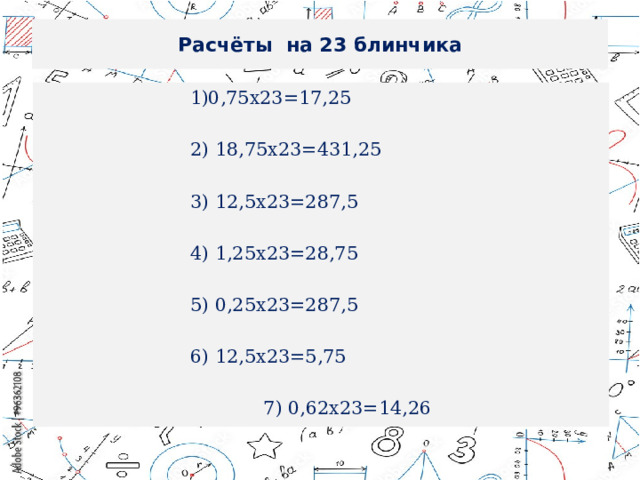 Расчёты на 23 блинчика  0,75х23=17,25 2) 18,75х23=431,25 3) 12,5х23=287,5 4) 1,25х23=28,75 5) 0,25х23=287,5 6) 12,5х23=5,75  7) 0,62х23=14,26 