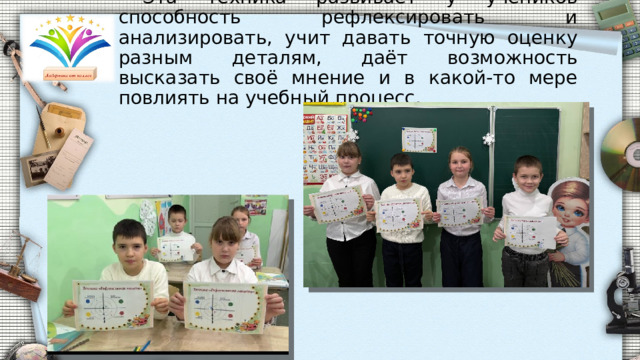  Эта техника развивает у учеников способность рефлексировать и анализировать, учит давать точную оценку разным деталям, даёт возможность высказать своё мнение и в какой-то мере повлиять на учебный процесс. 