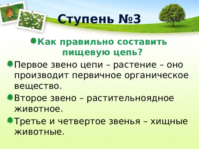 Ступень №3 Как правильно составить пищевую цепь? Первое звено цепи – растение – оно производит первичное органическое вещество. Второе звено – растительноядное животное. Третье и четвертое звенья – хищные животные. 