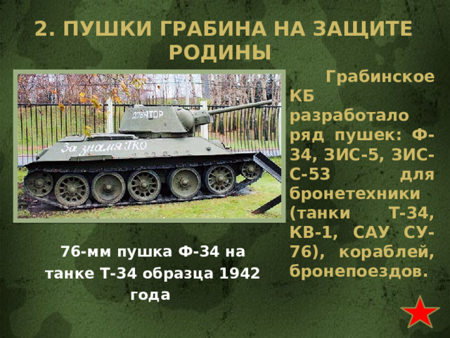 2. Пушки грабина на защите родины  Грабинское КБ разработало ряд пушек: Ф-34, ЗИС-5, ЗИС-С-53 для бронетехники (танки Т-34, КВ-1, САУ СУ-76), кораблей, бронепоездов. 76-мм пушка Ф-34 на танке Т-34 образца 1942 года 