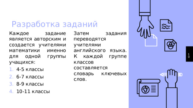 Разработка заданий Каждое задание является авторским и создается учителями математики именно для одной группы учащихся: Затем задания переводятся учителями английского языка. К каждой группе классов составляется словарь ключевых слов. 4-5 классы 6-7 классы 8-9 классы 10-11 классы 1 