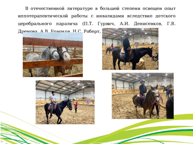 В отечественной литературе в большей степени освещен опыт иппотерапевтической работы с инвалидами вследствие детского церебрального паралича (П.Т. Гурвич, А.И. Денисенков, Г.В. Дремова, А.В. Ермаков, Н.С. Роберт, Ц.Ш. Чхиквишвили). 