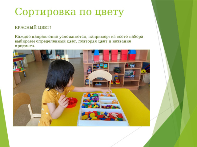 Сортировка по цвету КРАСНЫЙ ЦВЕТ! Каждое направление усложняется, например: из всего набора выбираем определенный цвет, повторяя цвет и название предмета. 