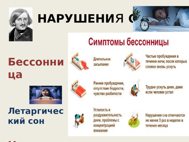 НАРУШЕНИ я СНА  Бессонница   Летаргический сон  Ночные кошмары .  