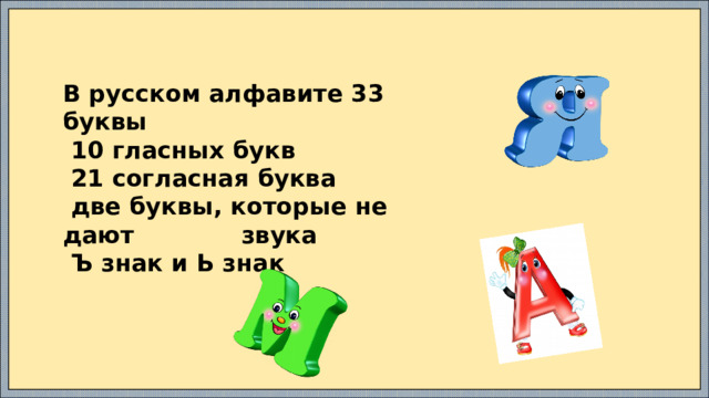 В русском алфавите 33 буквы  10 гласных букв  21 согласная буква  две буквы, которые не дают звука  Ъ знак и Ь знак 